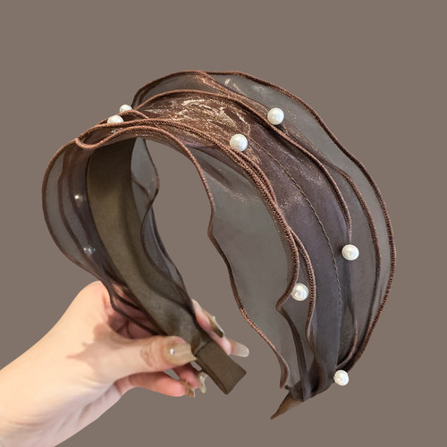 韩国东大门美拉德咖色系欧根纱珍珠木耳边发箍宽边显脸小时尚头箍 - 图2