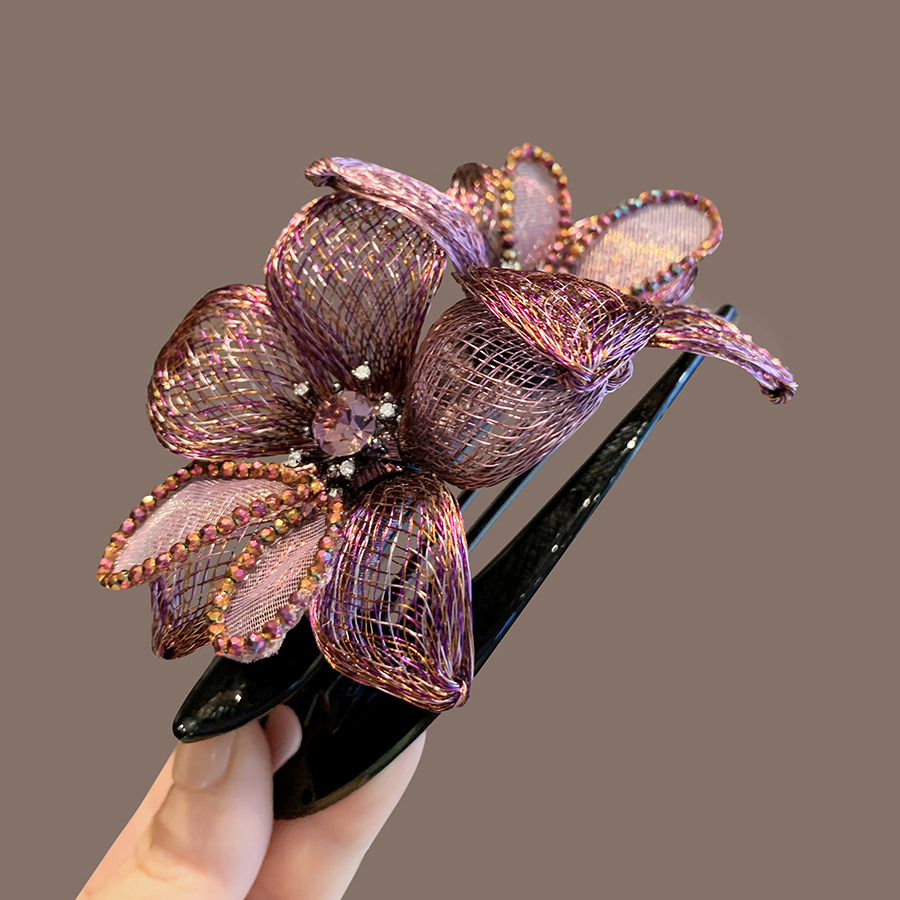 优雅紫色铜丝花朵盘发夹子高端手作精致后脑勺顶夹鸭嘴夹妈妈发卡,淘宝优惠券,粉丝福利购,淘宝优惠卷