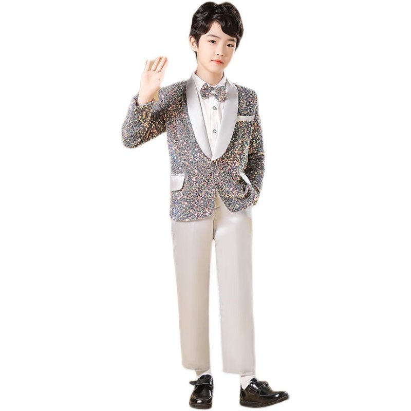 小男孩幻彩灰亮片钢琴表演礼服男童舞台演出服小西装西裤衬衫套装,淘宝优惠券,粉丝福利购,淘宝优惠卷