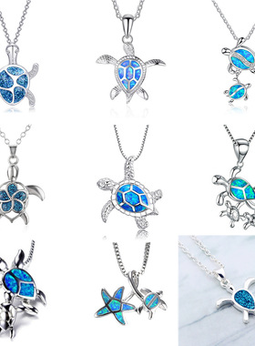 Bohemia Blue Imitation Opal Cute Jellyfish Pendant Necklace