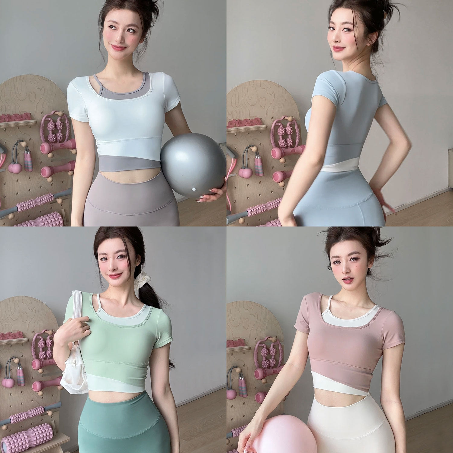 gogoyoga撞色瑜伽服短袖夏带胸垫紧身裸感运动上衣训练跑步健身服,淘宝优惠券,粉丝福利购,淘宝优惠卷