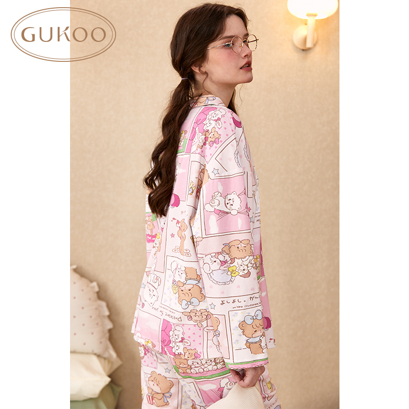 Gukoo/果壳睡衣女春秋mikko系列可爱卡通满印可外穿家居服套装