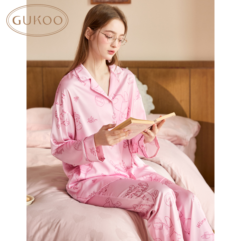 Gukoo/果壳维尼熊系列睡衣女春秋舒适丝滑开衫可外穿女家居服套装-图3