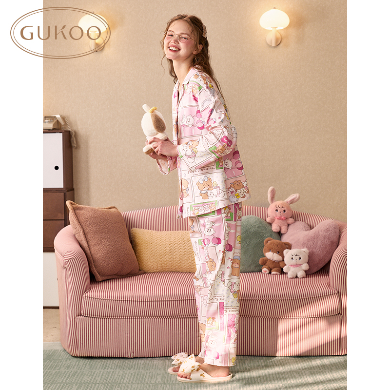 Gukoo/果壳睡衣女春秋mikko系列可爱卡通满印可外穿家居服套装