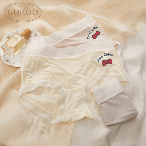 Gukoo/果壳内裤女【7A抑菌含桑蚕丝裆】薄款甜美中腰内裤三条装 - 图2