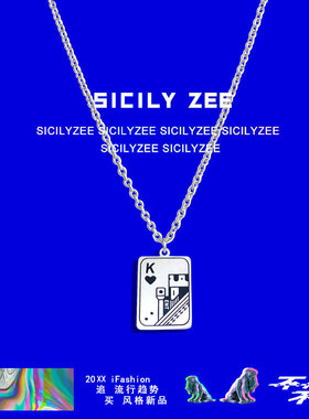 嘻哈扑克牌红桃K钛钢项链男女ins