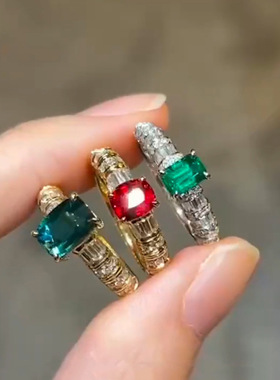 vintage中古风珠宝琉璃戒指法式复古镀金灵蛇满钻古董彩宝戒指女