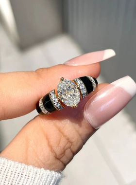 高级感美拉德富婆vintage中古黑金老钱风冰花切戒指高碳钻女戒