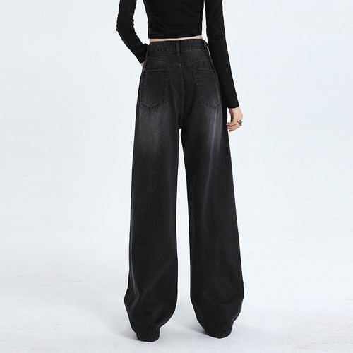 BWKA黑灰色阔腿加绒牛仔裤女秋冬高腰宽松休闲直筒裤垂感显瘦裤子 - 图3