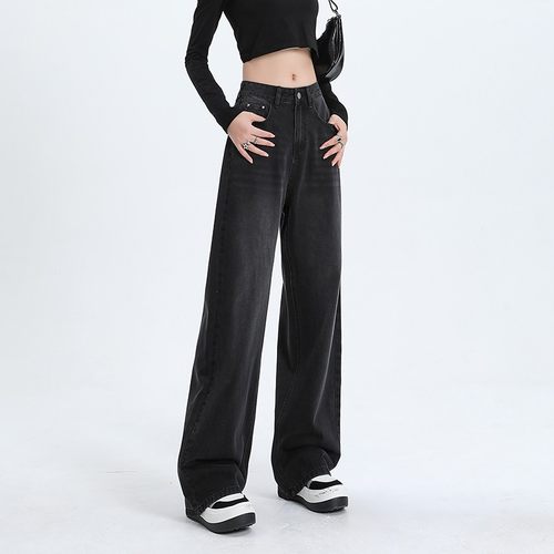 BWKA黑灰色阔腿加绒牛仔裤女秋冬高腰宽松休闲直筒裤垂感显瘦裤子 - 图2