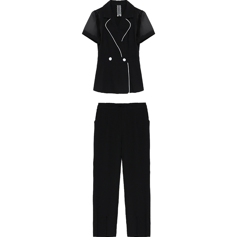 小个子黑色时尚套装女2023年夏季新款韩版修身气质轻熟风两件套
