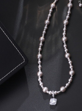 《不掉色18k金厚度0.05+电泳+抛数++4》方糖珍珠项链