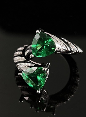 哥伦比亚祖母绿宝石女戒指滴胶镶满钻小众设计铜镀白金指环