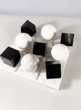 简约黑白大理石棋盘九格立方体球形摆件样板房售楼处桌面软装饰品
