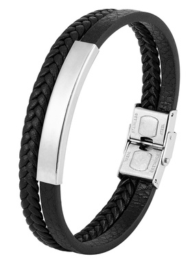 双层皮绳手链男士不锈钢真皮牛皮手链手工皮革手镯按扣手链首饰