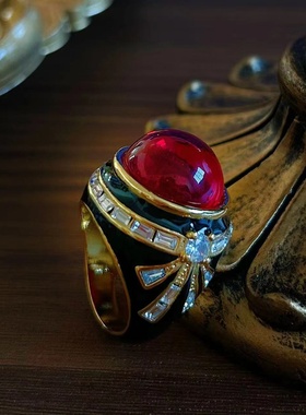 中古vintage 古董法式红宝石珐琅黑色蝴蝶结时尚高级感戒指指环