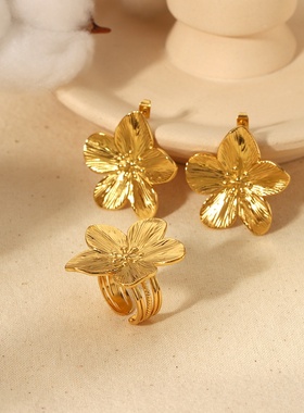 西法风复古夸张金色不锈钢花朵耳环戒指高级设计感耳环戒指