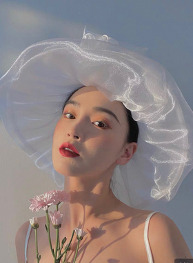 欧根纱花朵沙滩帽女夏复古赫本风大檐海边拍照造型百搭防晒遮阳帽