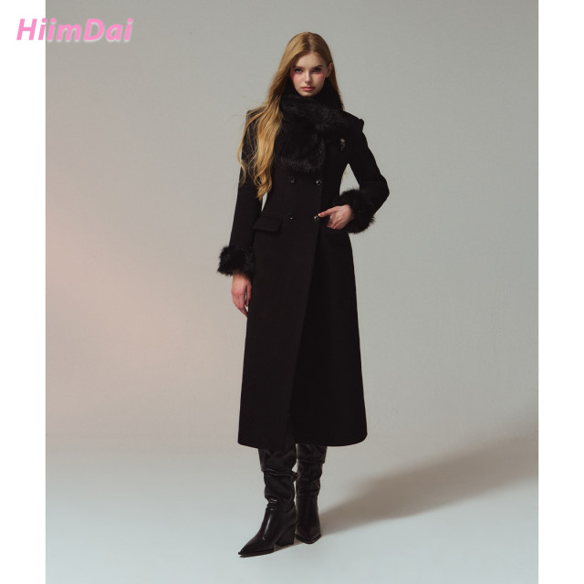 HiimDai 留洋大小姐Pro Max 100%绵羊毛黑色沙漏腰双面呢长款大衣