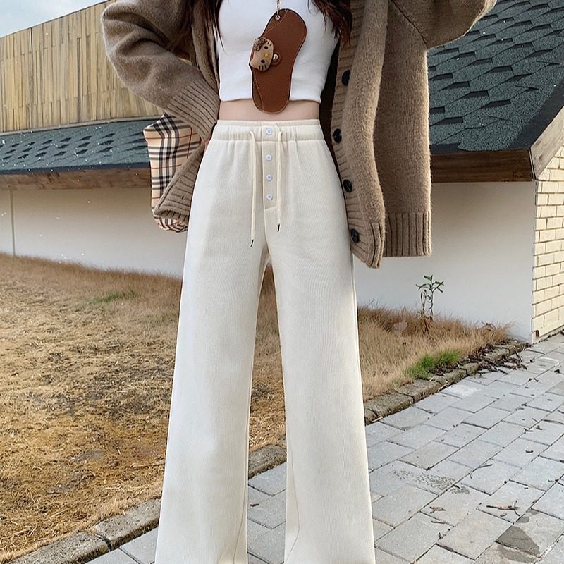 茶粒籽~2025秋冬新款女加绒加厚休闲百搭纽扣抽绳阔腿裤,淘宝优惠券,粉丝福利购,淘宝优惠卷