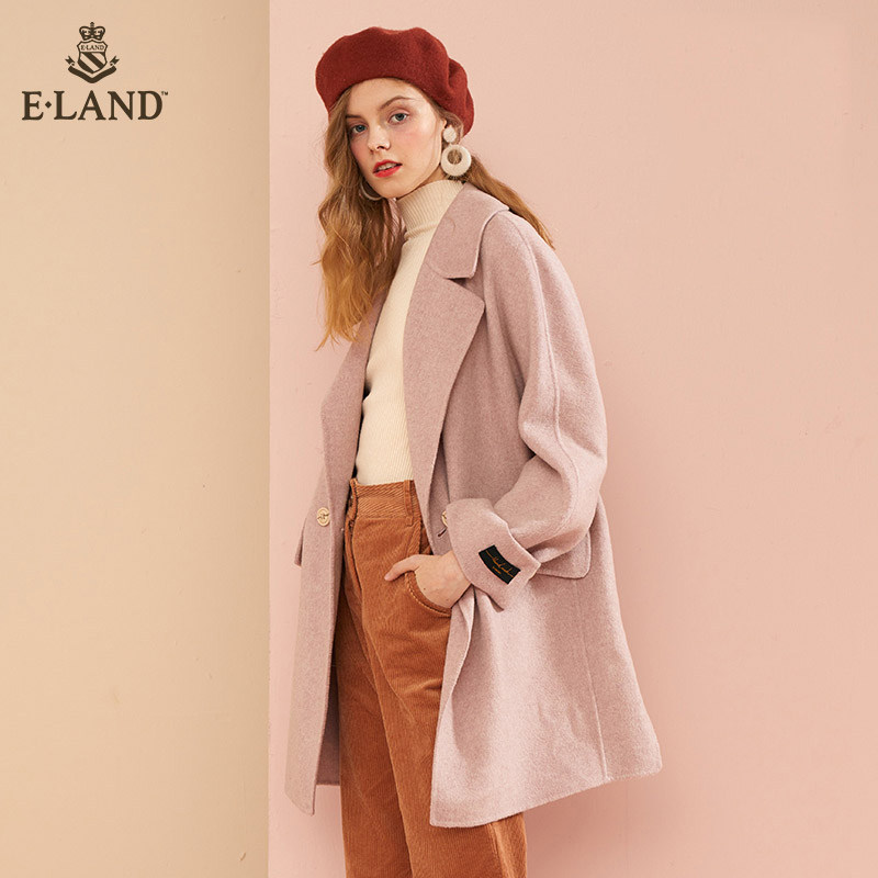 eland秋冬韩版风纯色简约毛呢大衣 衣恋集团outlets店毛呢外套
