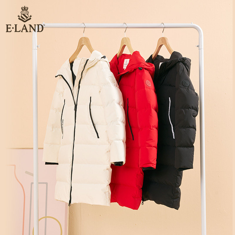 eland秋冬纯色连帽撞色边羽绒服 衣恋集团outlets店羽绒服