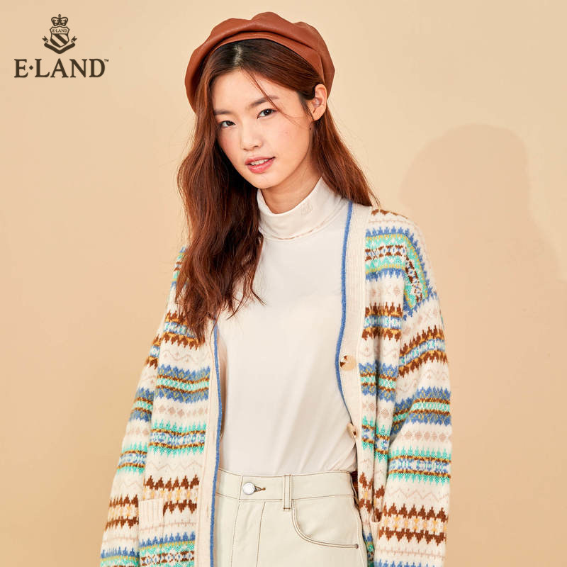 eland2020冬季新款复古风v领开衫 衣恋集团outlets店毛针织衫