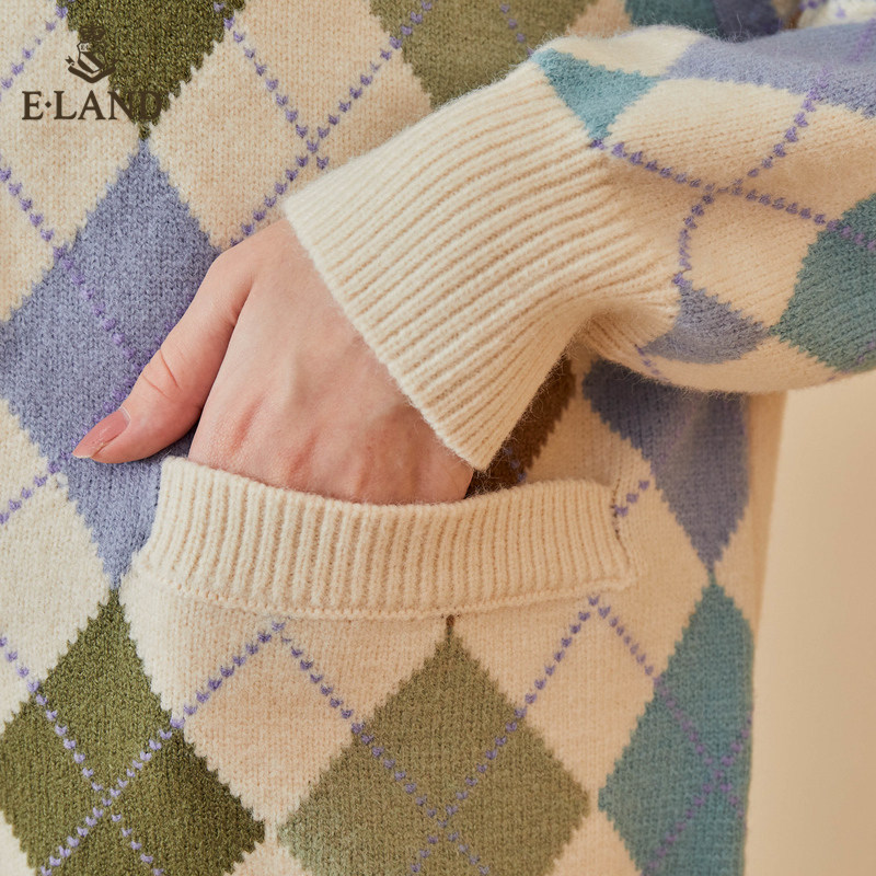 eland2020秋季新款复古港风开衫 衣恋集团outlets店毛针织衫