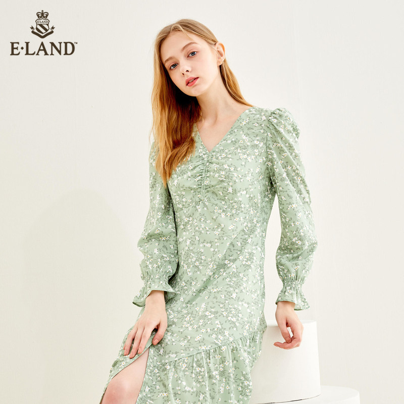 eland2020秋季v领法式小众连衣裙 衣恋集团outlets店连衣裙