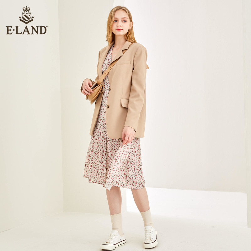 eland2020秋季v领法式小众连衣裙 衣恋集团outlets店连衣裙