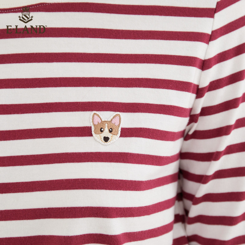 eland经典可爱柯基刺绣条纹女t恤 衣恋集团outlets店T恤