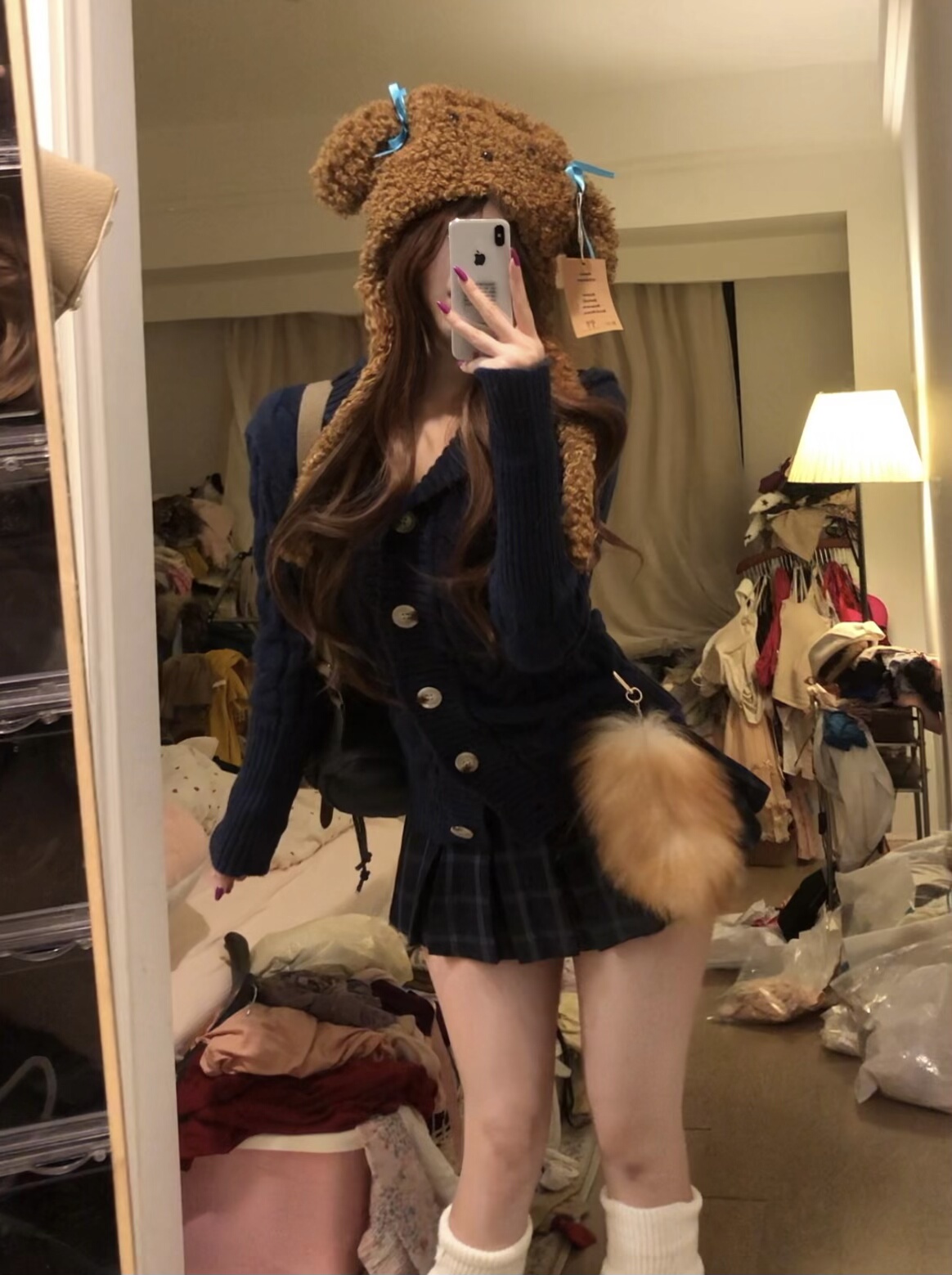 荔桃想睡觉ya【藏青耶鲁】秋冬学院风针织开衫毛衣收腰格纹百褶裙 - 图1