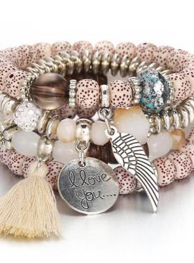 火山石菩提手链多层波西米亚流苏手环 tassel women bracelet