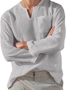 2023欧美新款男士宽松大码长袖V领T恤休闲沙滩衬衫Men's T-sh