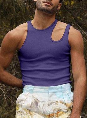 欧美男装2025夏季新款男士性感镂空无袖T恤紧身打底衫Men's v