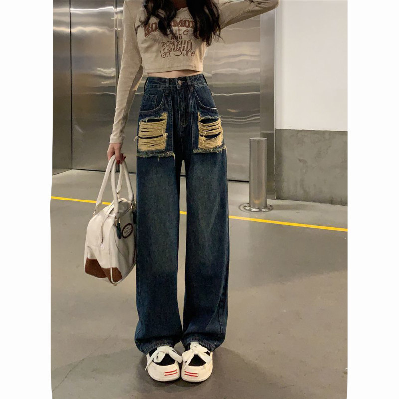 美式复古高腰牛仔裤女2025秋季新款设计感不规则破洞直筒阔腿裤潮,淘宝优惠券,粉丝福利购,淘宝优惠卷