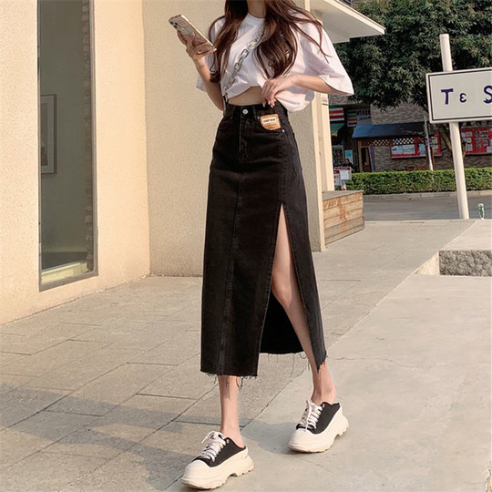 高腰侧开叉牛仔半身裙女夏季2025新款显瘦a字辣妹包臀长裙子ins潮