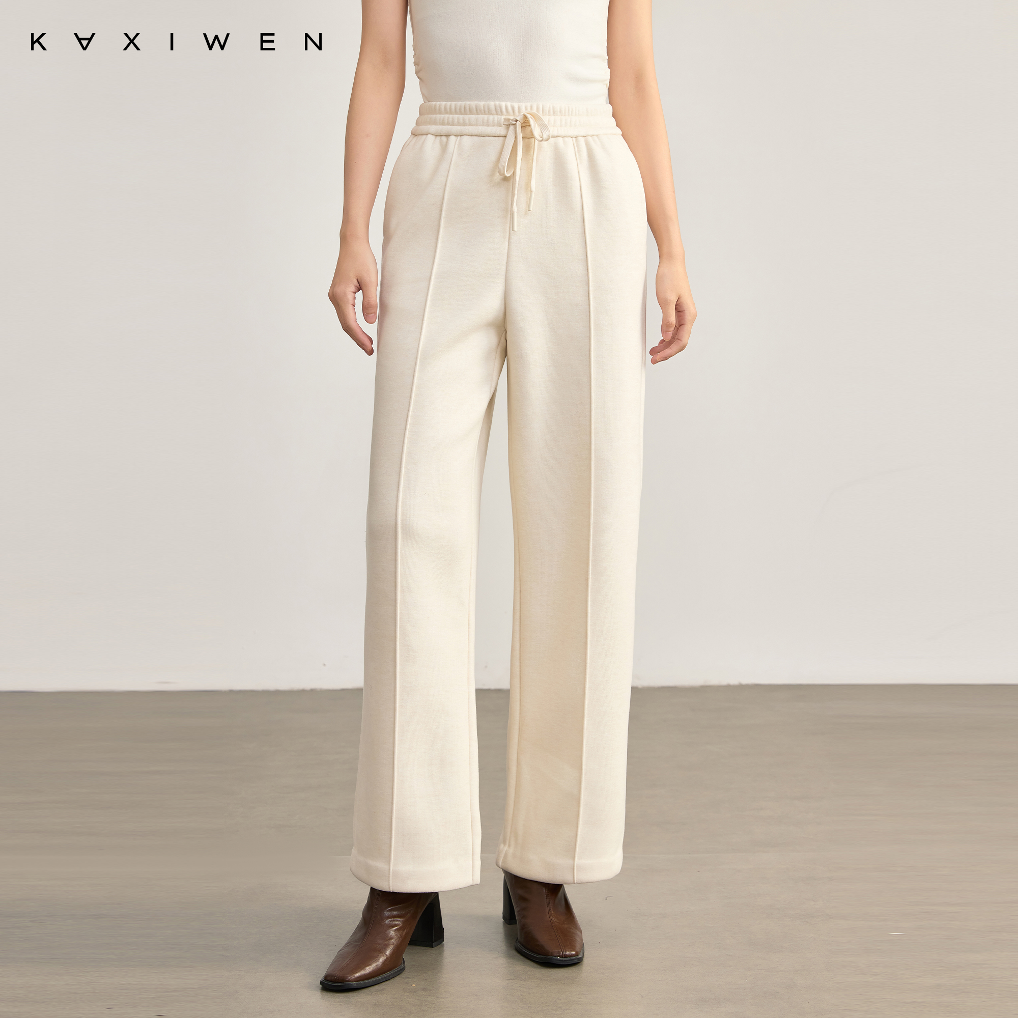 佧茜文通勤气质休闲长裤2025冬季新款松紧高腰百搭磨毛直筒裤 - 图0