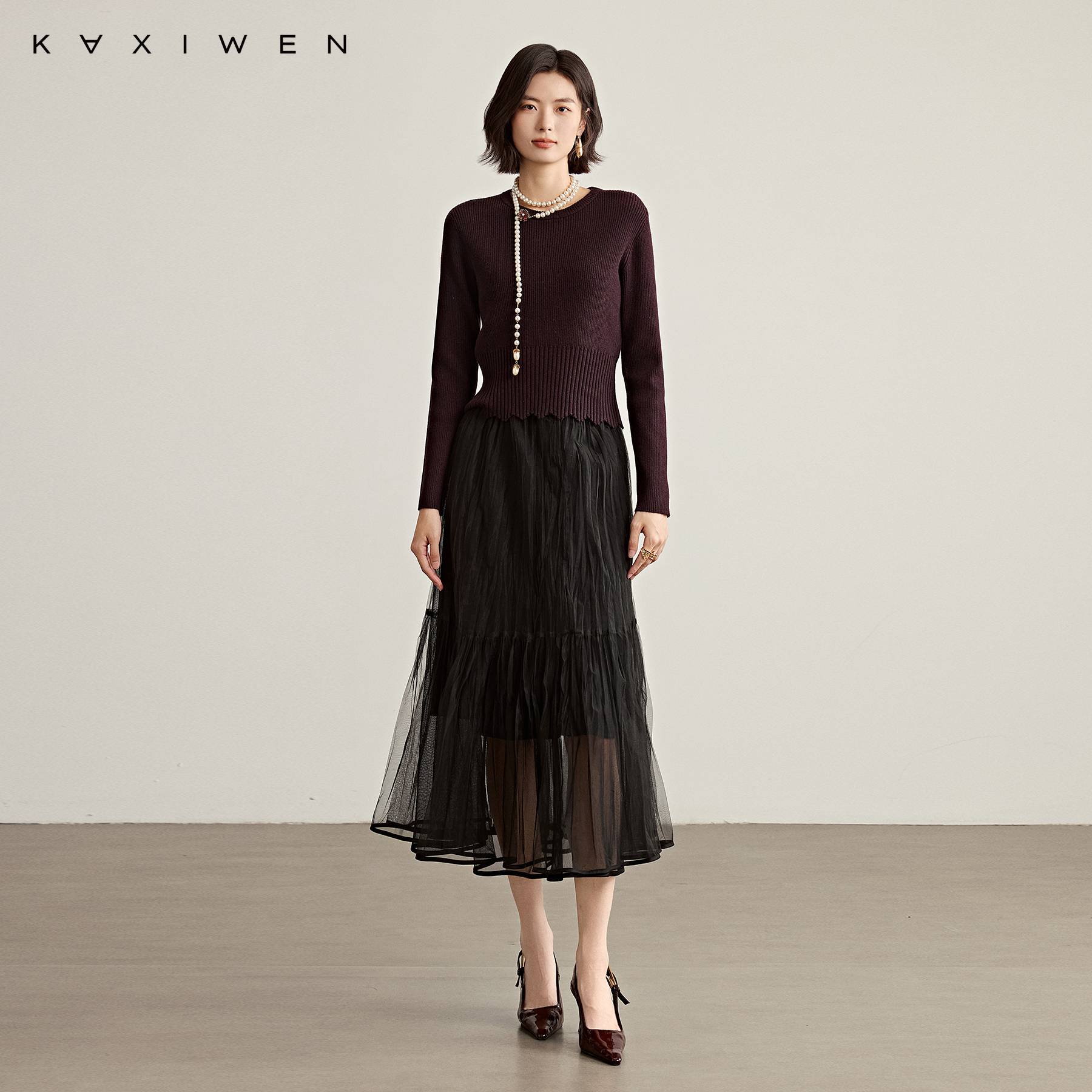 【博主同款】佧茜文优雅波浪边针织衫2025冬季新款罗纹领口上衣女 - 图2