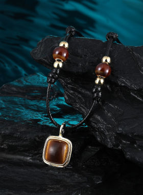 天然虎眼石编织皮绳项链女复古风