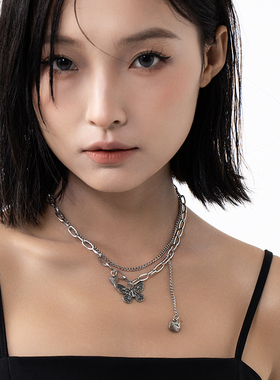 VOYAGE双层猫咪蝴蝶吊坠项链女