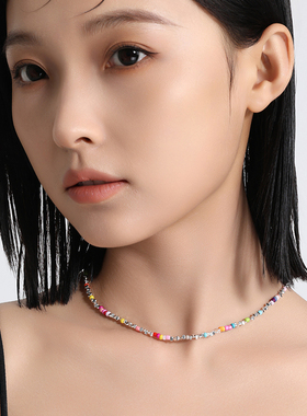 彩色串珠碎银子项链多巴胺配裙子