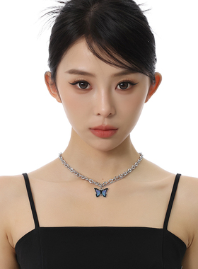 VOYAGE蓝色蝴蝶吊坠项链双层小众