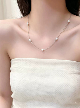 微笑小众仿珍珠项链女可抽拉颈链
