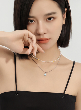 双层叠戴琉璃米珠项链彩色串珠多巴胺星星吊坠锁骨链夏日女配饰