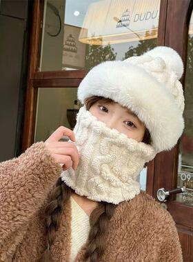 女士防寒帽子加厚保暖加绒东北毛绒帽冬天骑电动车护耳帽围脖一体