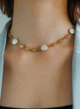 ins风金币巴洛克珍珠项链女欧美淡水珍珠锁骨链时尚国潮颈链
