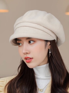 黑色贝雷帽女秋冬季日系文艺有帽檐八角帽大头围加厚保暖画家帽