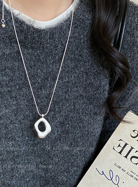 银色几何镂空长款项链女