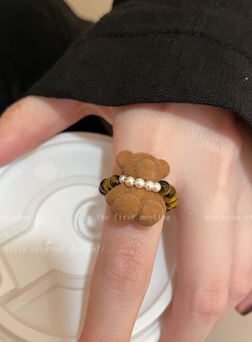 虎眼石植绒珍珠戒指女小众